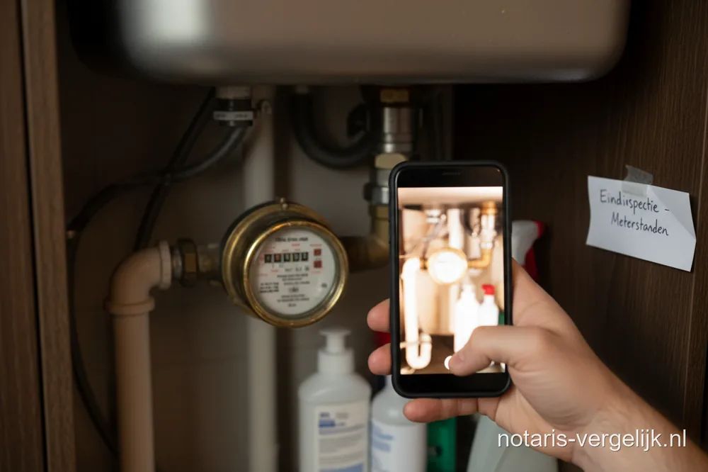 Hand houdt een smartphone voor een foto van een watermeter onder het aanrecht