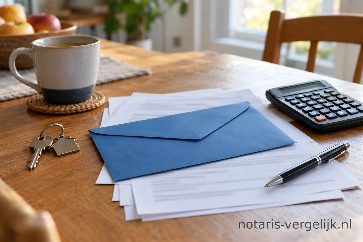 Blauwe envelop op een stapel papieren op tafel, met een rekenmachine en een sleutelbos