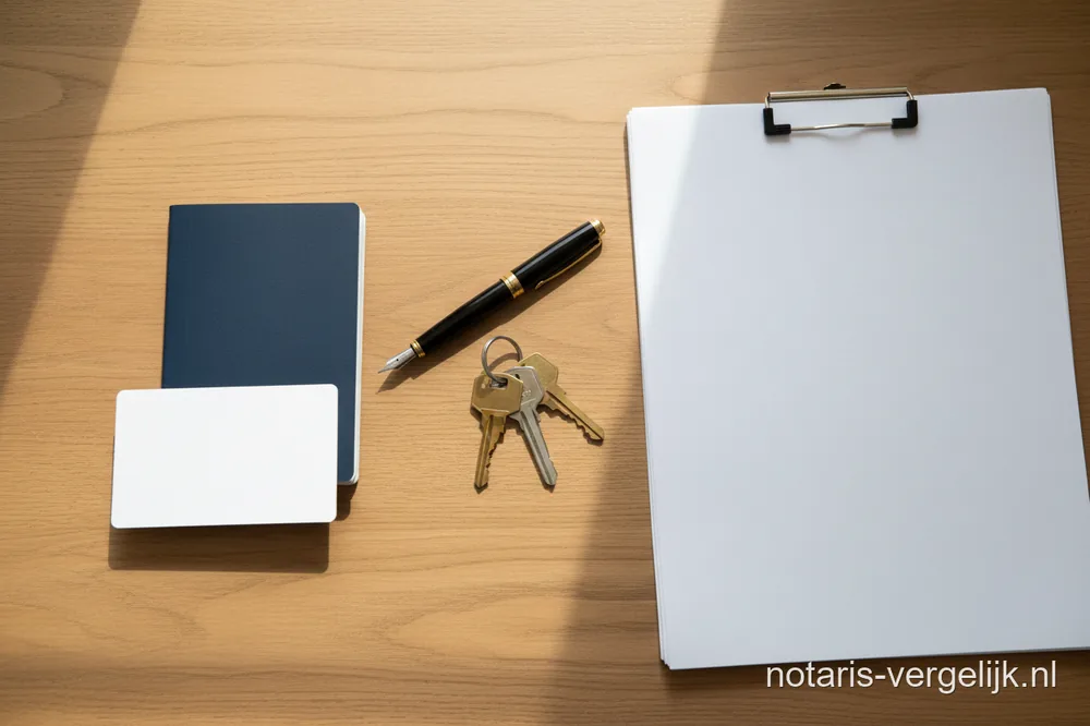 Bovenaanzicht van een bureau met een blanco identiteitskaart, een paspoortachtig boekje, een vulpen, huissleutels en een stapel papieren