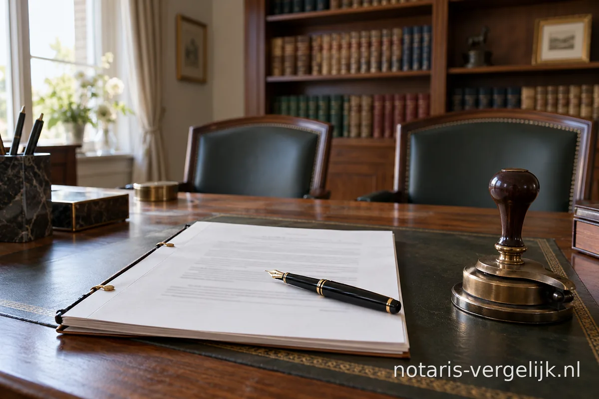 Akte met vulpen op het bureau van een notaris, naast een stempel